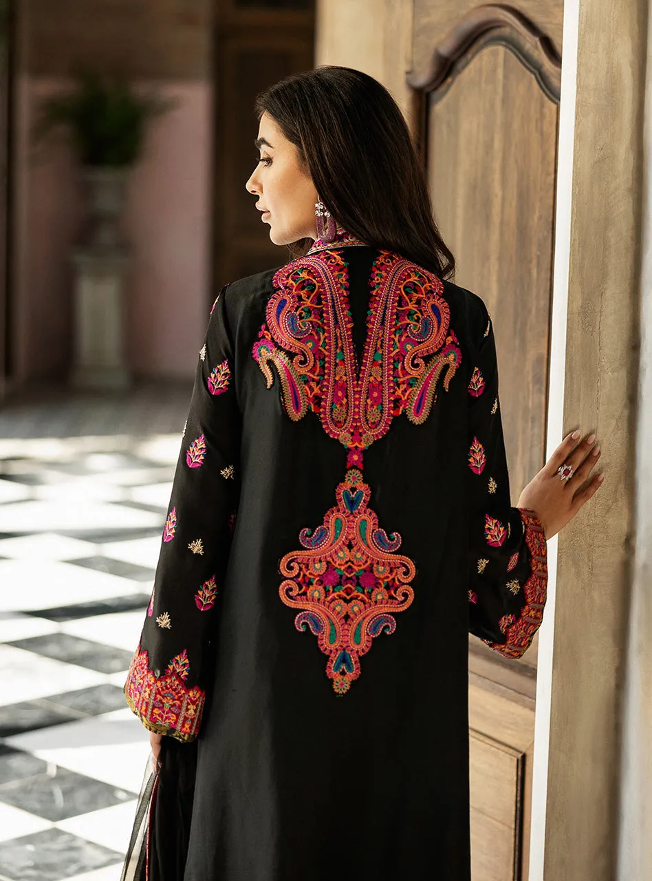 Close-up of the exquisite, multi-colored Kashmiri embroidery on the Black Orchid Kashmiri Suit.