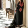 Black Orchid Kashmiri Suit showcasing the luxurious black raw silk and vibrant all-over front embroidery.