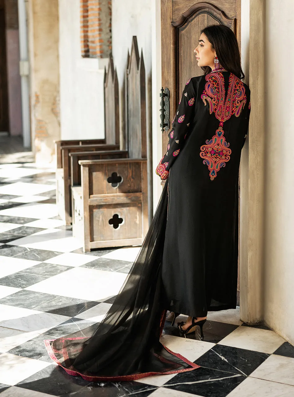 Black Orchid Kashmiri Suit showcasing the luxurious black raw silk and vibrant all-over front embroidery.