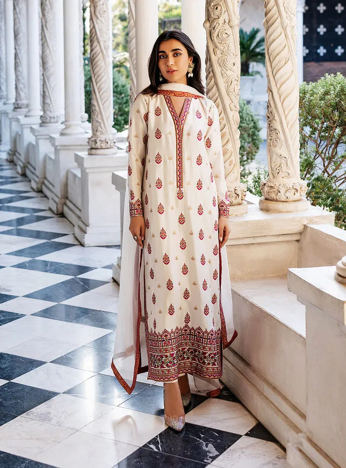 Full view of the White Orchid Kashmiri Suit with its Tussle silk pants and the pure chiffon dupatta with a Jamawar border.