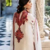White Orchid Kashmiri Suit showcasing the luxurious pearl white tussle silk and vibrant all-over front embroidery.