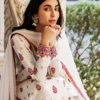 Close-up of the exquisite, multi-colored Kashmiri embroidery on the White Orchid Kashmiri Suit.