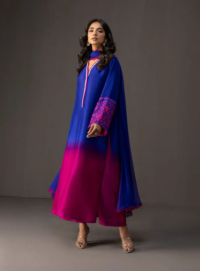 Full look of the gradient embroidered suit with raw silk pants and a matching pure chiffon dupatta.