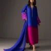 Gradient embroidered suit showing the deep blue to vibrant pink transition on luxurious tussle silk.
