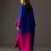 Gradient embroidered suit showing the deep blue to vibrant pink transition on luxurious tussle silk.