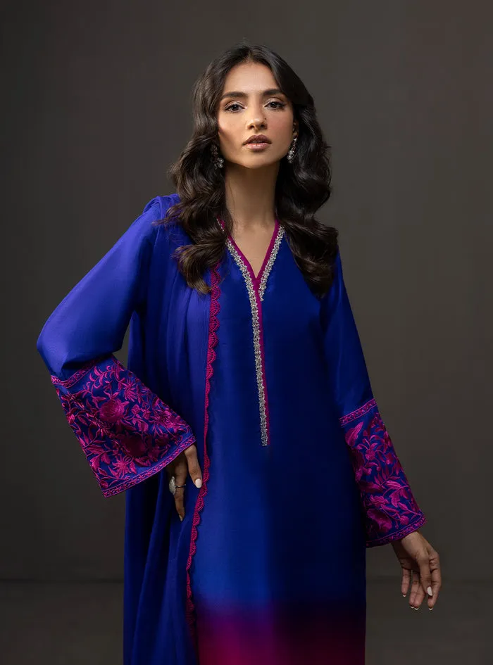 Detail shot of the delicately embellished V-neckline on the gradient embroidered suit.