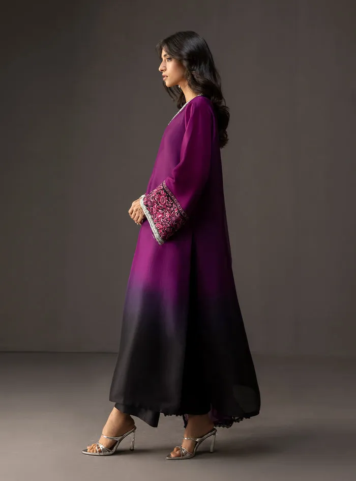 Gradient Embellished Suit showcasing the full deep purple to black ombre on the 50-inch tussle silk shirt.