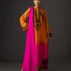 Full view of the gradient embroidered dress with matching raw silk pants and a flowing pure chiffon dupatta.