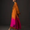 Full view of the gradient embroidered dress with matching raw silk pants and a flowing pure chiffon dupatta.