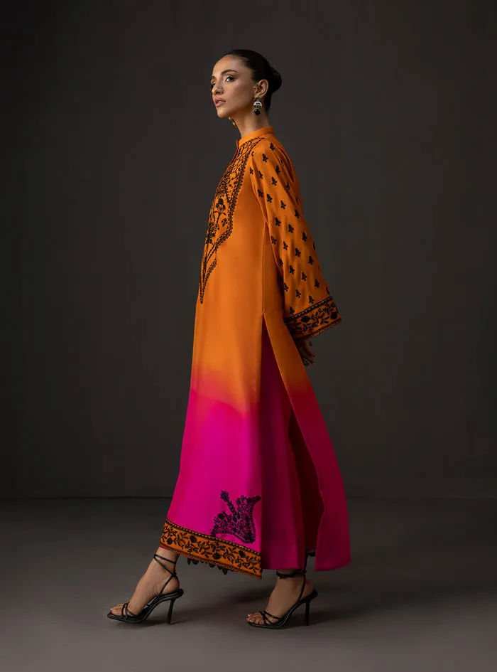 Full view of the gradient embroidered dress with matching raw silk pants and a flowing pure chiffon dupatta.