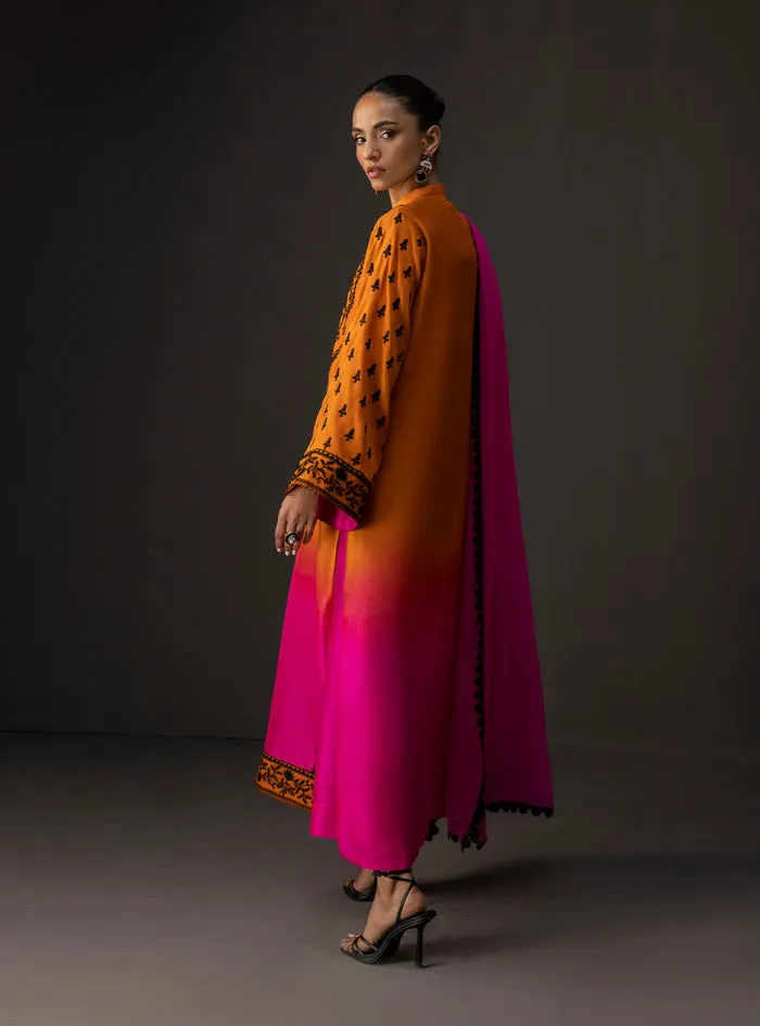 Back view of the gradient embroidered dress, highlighting the seamless color blend and elegant silhouette.