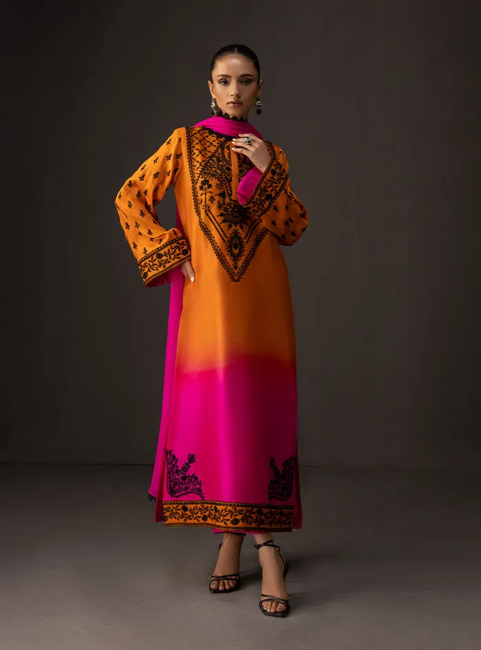 Gradient embroidered dress showcasing the stunning yellow to magenta ombre transition on pure raw silk.