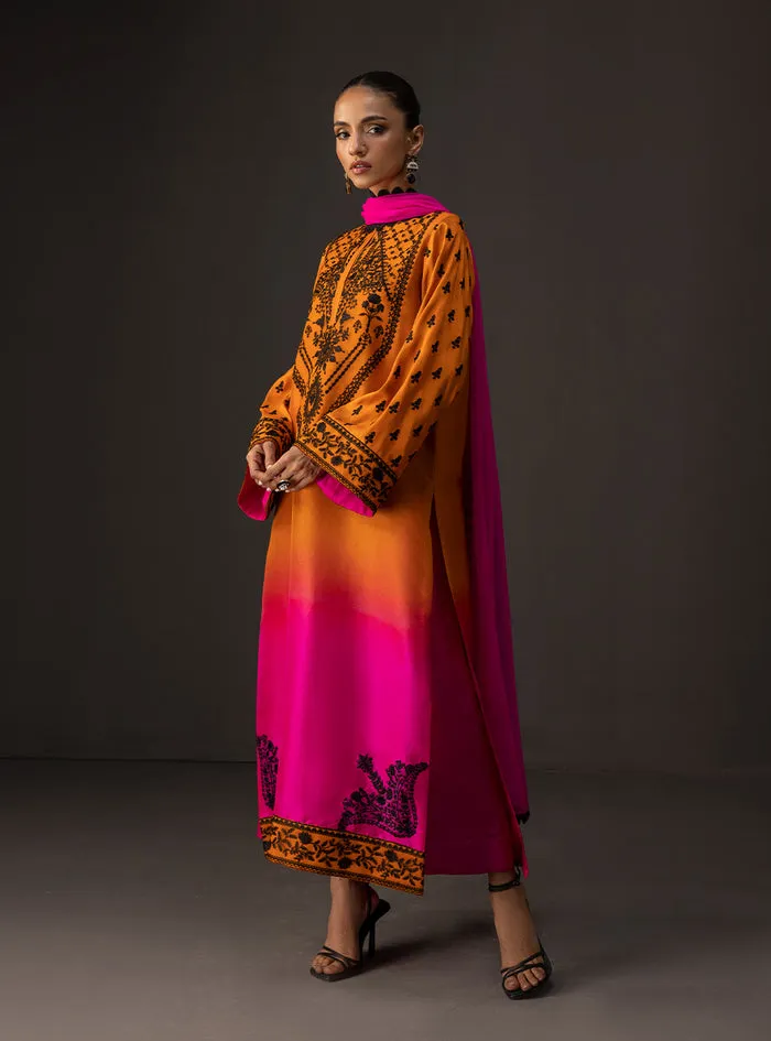Gradient embroidered dress showcasing the stunning yellow to magenta ombre transition on pure raw silk.