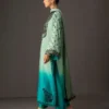 Full view of the gradient embellished shirt as a complete three-piece suit with matching tussle silk pants and a pure chiffon dupatta.