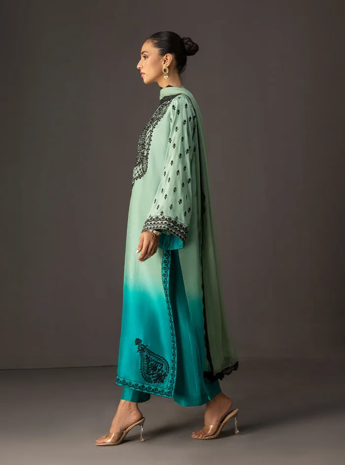Full view of the gradient embellished shirt as a complete three-piece suit with matching tussle silk pants and a pure chiffon dupatta.