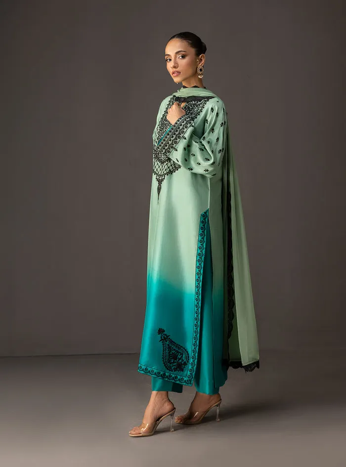 Full view of the gradient embellished shirt as a complete three-piece suit with matching tussle silk pants and a pure chiffon dupatta.