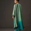 Gradient embellished shirt showcasing the full mint to turquoise ombre on a flowing 50-inch tussle silk silhouette.