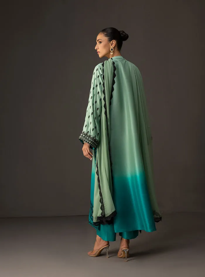 Gradient embellished shirt showcasing the full mint to turquoise ombre on a flowing 50-inch tussle silk silhouette.