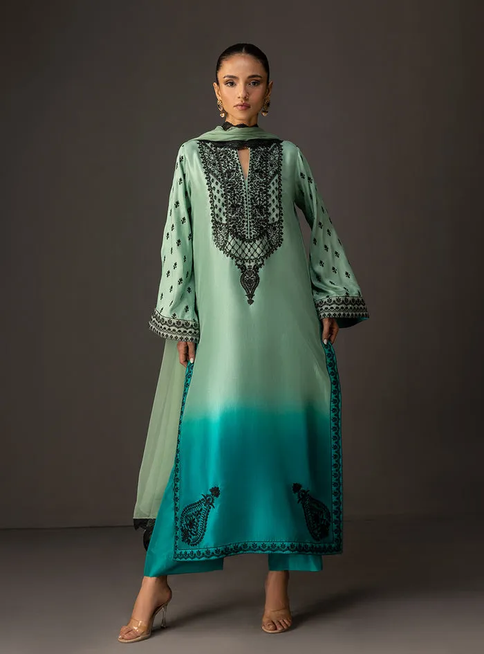 Gradient embellished shirt showcasing the full mint to turquoise ombre on a flowing 50-inch tussle silk silhouette.