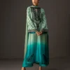 Gradient embellished shirt showcasing the full mint to turquoise ombre on a flowing 50-inch tussle silk silhouette.