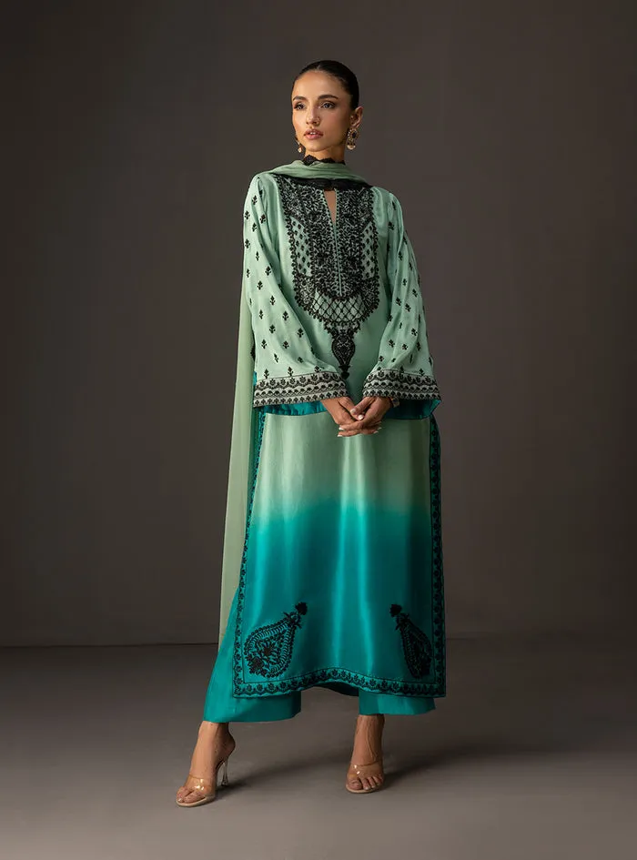 Gradient embellished shirt showcasing the full mint to turquoise ombre on a flowing 50-inch tussle silk silhouette.