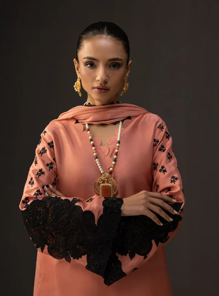 Close-up of the striking black floral embroidery on the neckline of the coral embroidered suit.