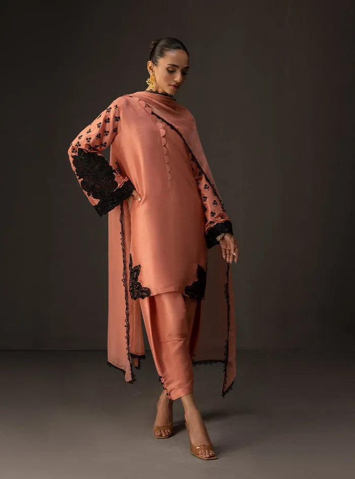 Full view of the coral embroidered suit, showcasing the contemporary silhouette and flowing chiffon dupatta.