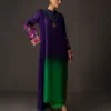 Full, regal view of the gradient embroidered suit with matching tussle silk pants and a coordinating chiffon dupatta.