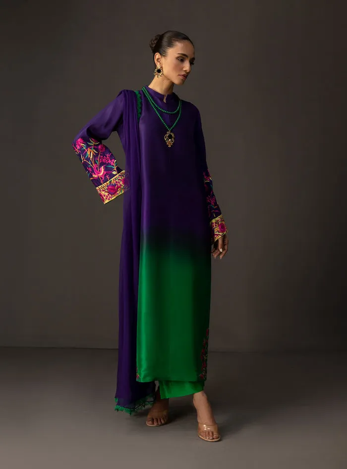 Full, regal view of the gradient embroidered suit with matching tussle silk pants and a coordinating chiffon dupatta.