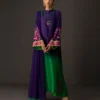 Full, regal view of the gradient embroidered suit with matching tussle silk pants and a coordinating chiffon dupatta.