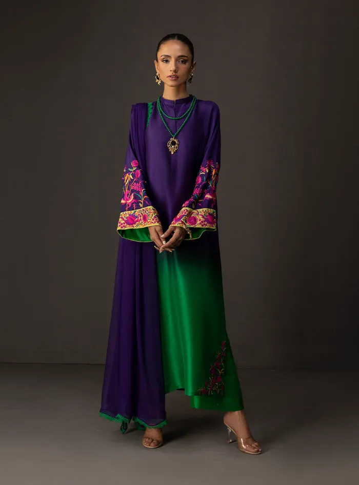 Full, regal view of the gradient embroidered suit with matching tussle silk pants and a coordinating chiffon dupatta.