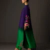 Gradient embroidered suit showcasing the majestic deep amethyst to lush emerald ombre on a flowing tussle silk shirt.