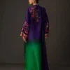 Gradient embroidered suit showcasing the majestic deep amethyst to lush emerald ombre on a flowing tussle silk shirt.