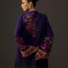 Gradient embroidered suit showcasing the majestic deep amethyst to lush emerald ombre on a flowing tussle silk shirt.