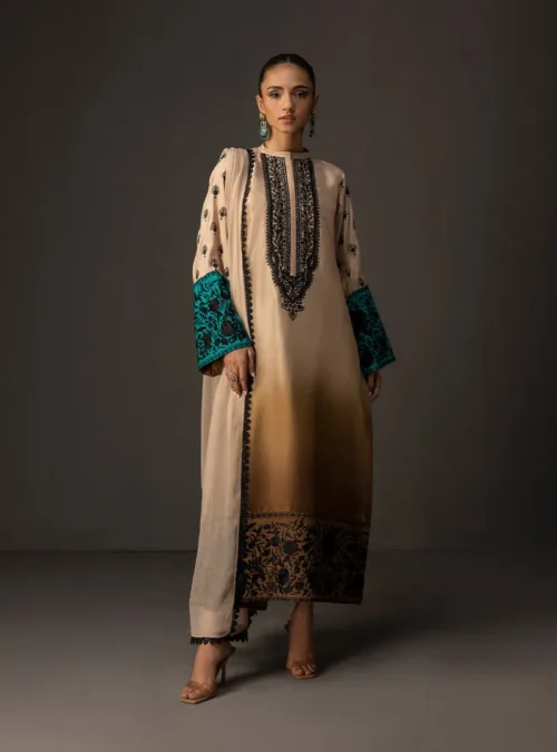 Full view of the gradient embroidered shirt (50" length) with matching tussle silk pants and chiffon dupatta. Full view of the gradient embroidered shirt (50" length) with matching tussle silk pants and chiffon dupatta.