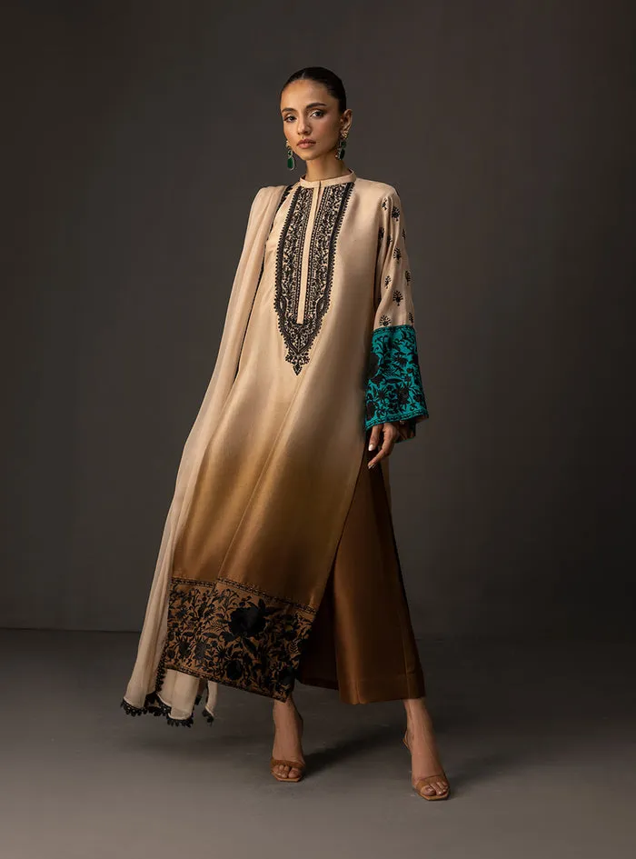 Gradient embroidered shirt showcasing the elegant beige to taupe ombre on flowing tussle silk.