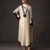 Full view of the ivory embroidered shirt as a complete suit with matching tussle silk pants and chiffon dupatta.