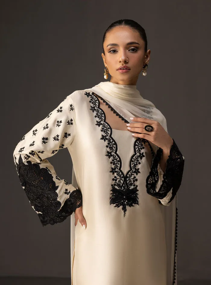Close-up of the striking black embroidery on the neckline of the ivory embroidered shirt.