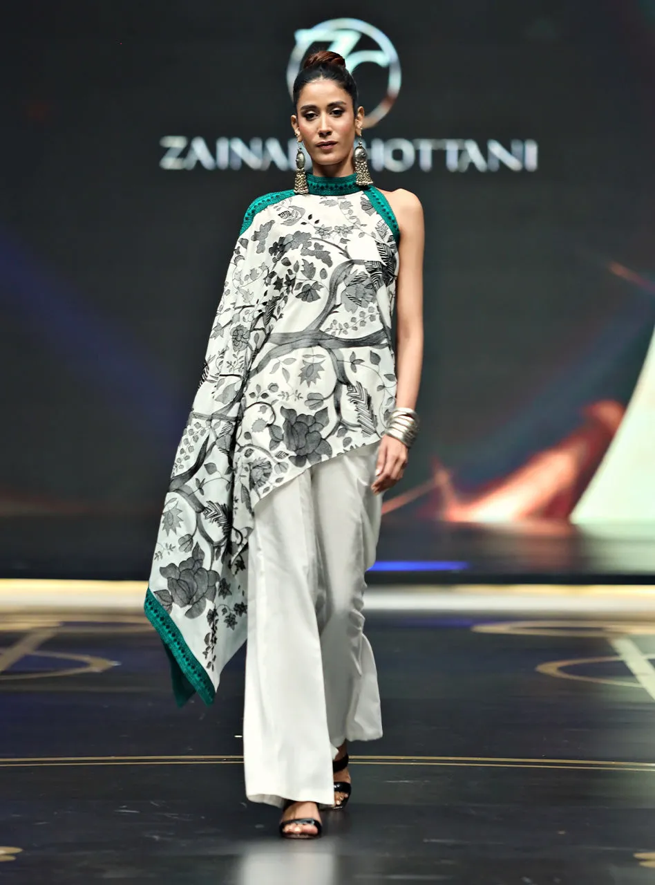 Full view of the Kantha Embroidered Outfit with its matching white viscose silk straight pants.