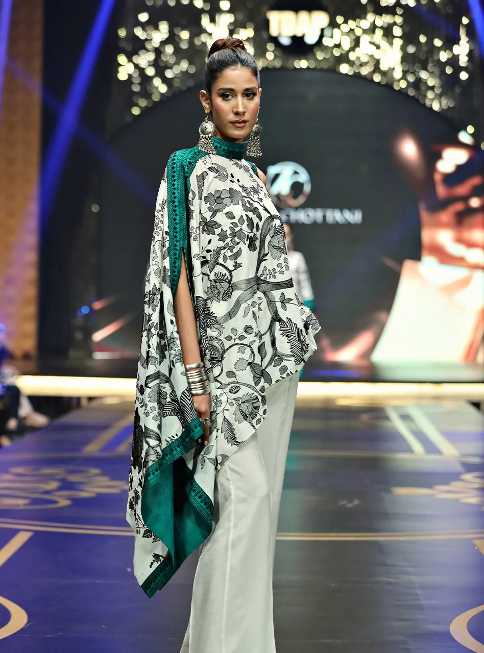 Kantha Embroidered Outfit showcasing the unique white asymmetrical side drop design.
