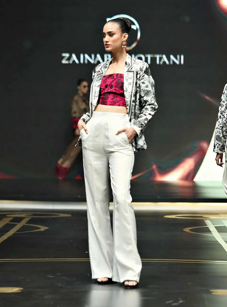 Full view of the Kantha Blazer Set, highlighting the modern, clean silhouette of the straight-leg culottes.