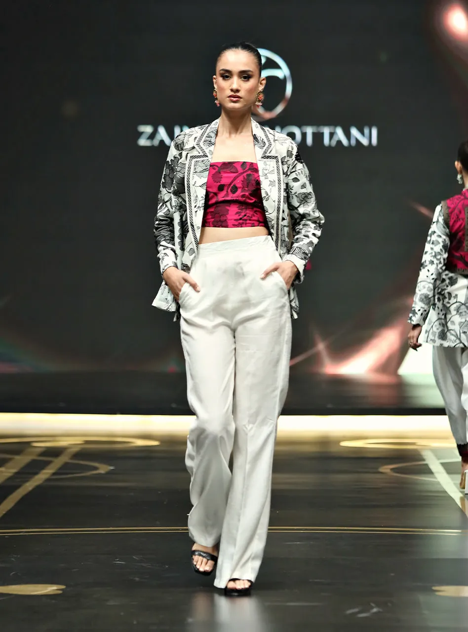 Kantha Blazer Set showcasing the complete three-piece ensemble: the white blazer, bold red blouse, and white culottes.