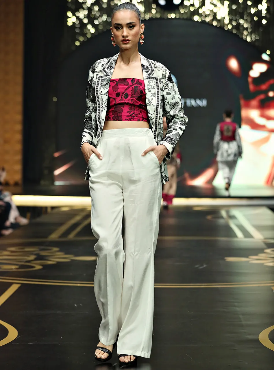 Kantha Blazer Set close-up on the intricate white-on-white hand-embroidered kantha patterns on the blazer lapel.