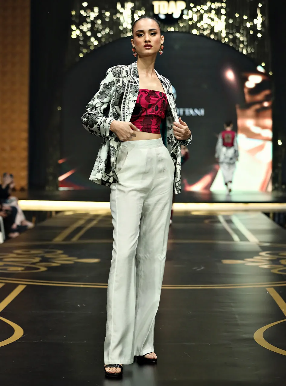 Kantha Blazer Set with the blazer open to reveal the stunning, vibrant red strapless kantha blouse.