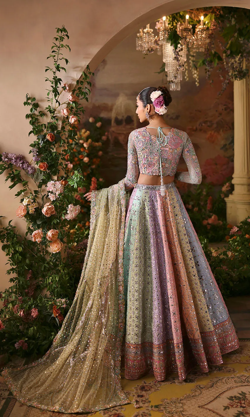 Back view pastel bridal lehenga tie up detail