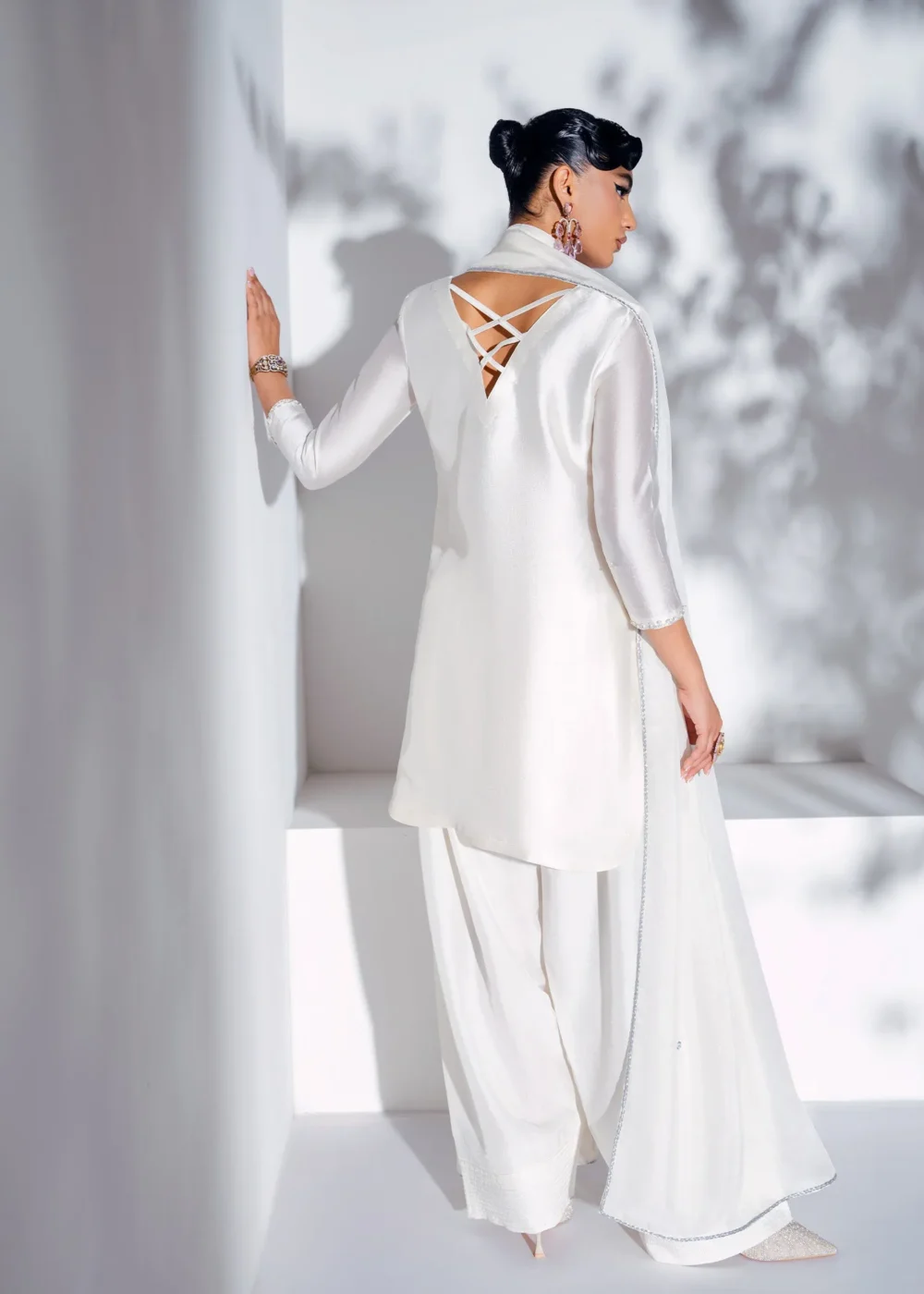 swan white Korean silk shalwar kameez swan white Korean silk shalwar kameez with 3D hand-embellished border, silver floral shalwar, and sequin silk dupatta – Hammad Impressions