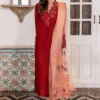 Model in brick red sheesha silk kurta and contrasting coral dupatta with asymmetrical floral embroidery for Eid.