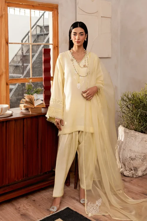 Short Pastel Yellow Korean Silk Shirt with Pearl Embroidery and Organza Dupatta.