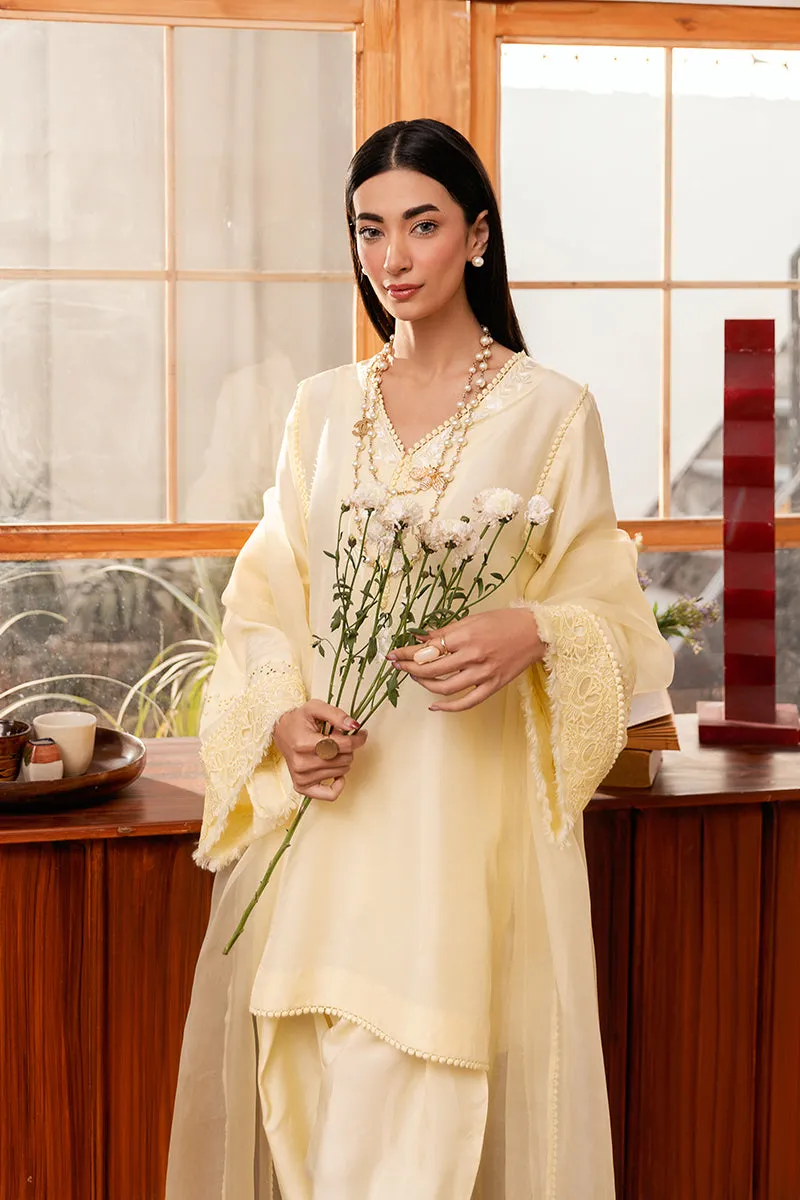 Short Pastel Yellow Korean Silk Shirt with Pearl Embroidery and Organza Dupatta.