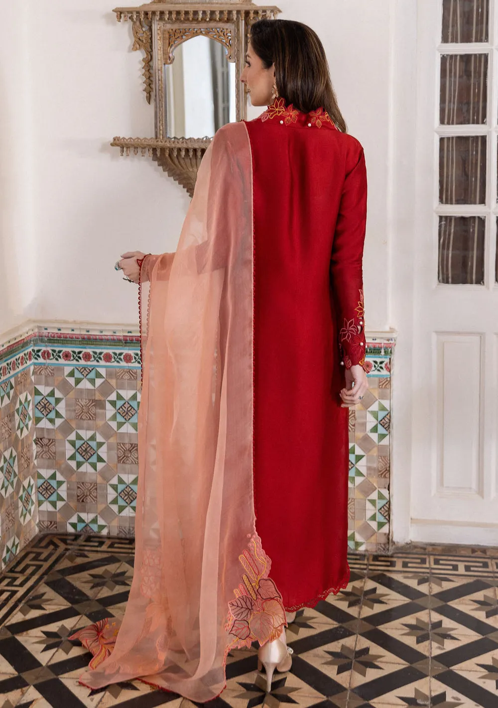 Eid Red Sheesha Silk Set with floral cutwork neckline and pearl detailing by Hammad Bespoke Official for 2026.